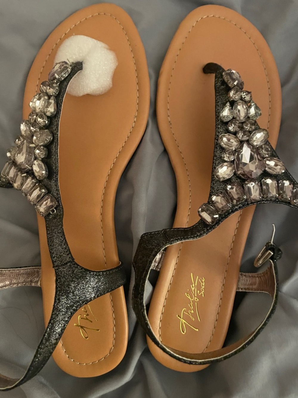 Thalia Sodi Black Jeweled T-Strap Sandals with Tan Footbed